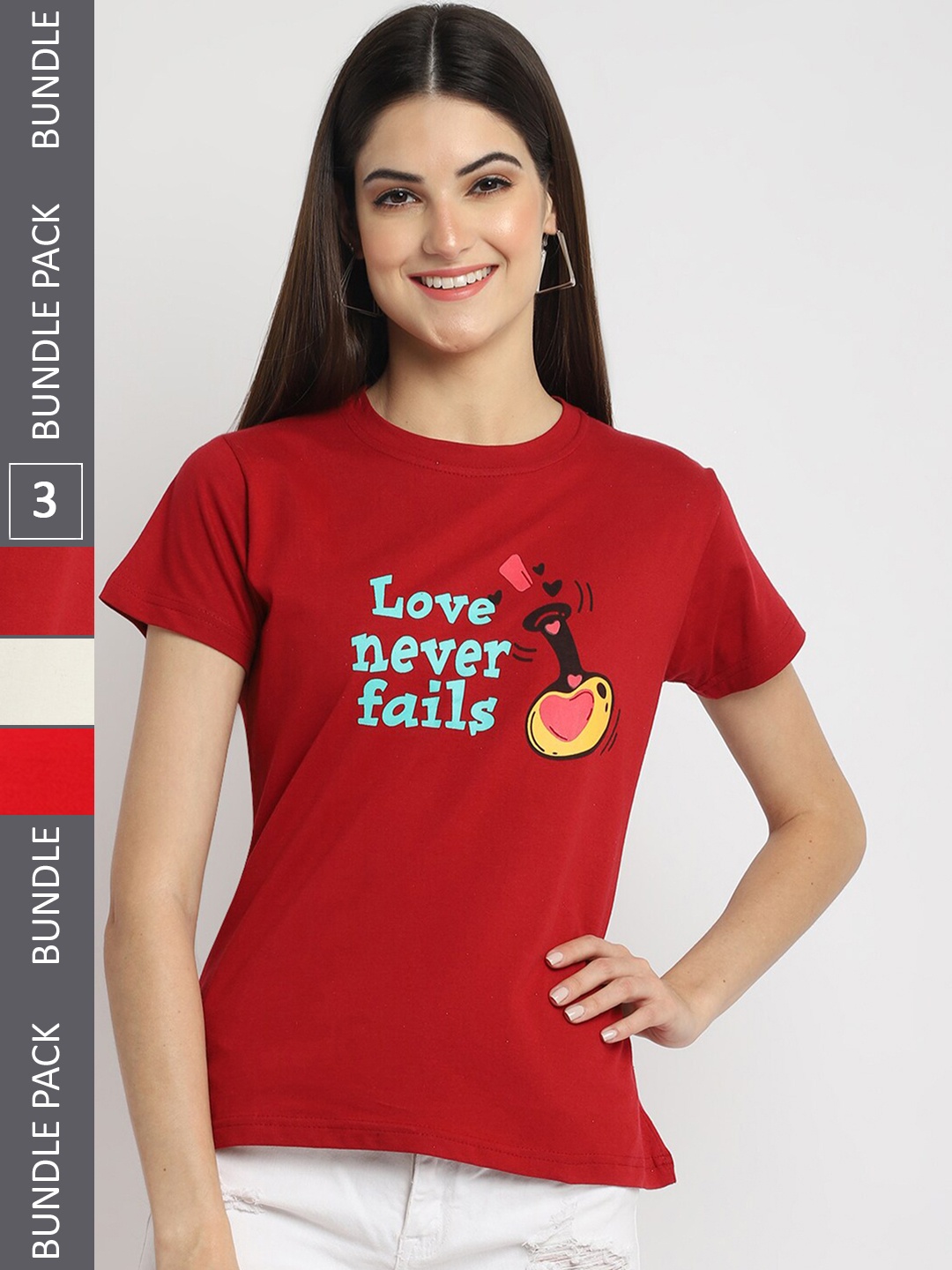 

Fabflee Pack Of 3 Typography Printed Regular Fit Cotton Casual T-shirt, Red