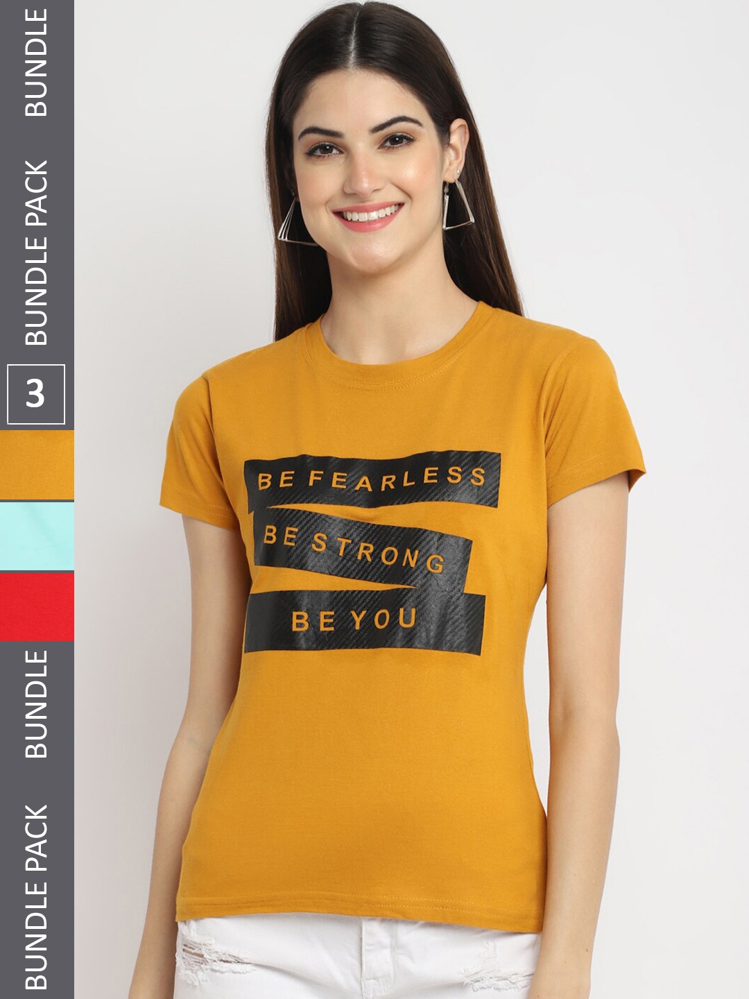 

Fabflee Pack Of 3 Typography Printed Regular Fit Cotton Casual T-shirt, Mustard
