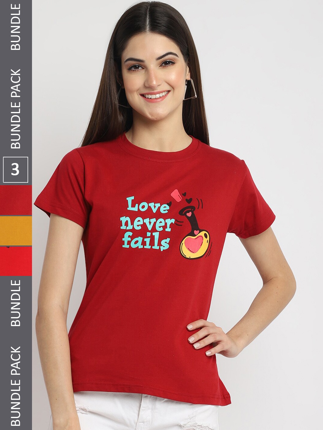 Fabflee Pack of 3 Typography Printed Cotton T-shirts, Red