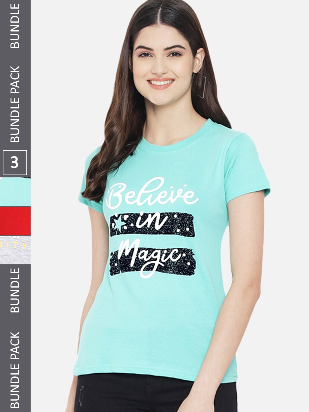Fabflee Pack Of 3 Printed Cotton T-shirt, Blue