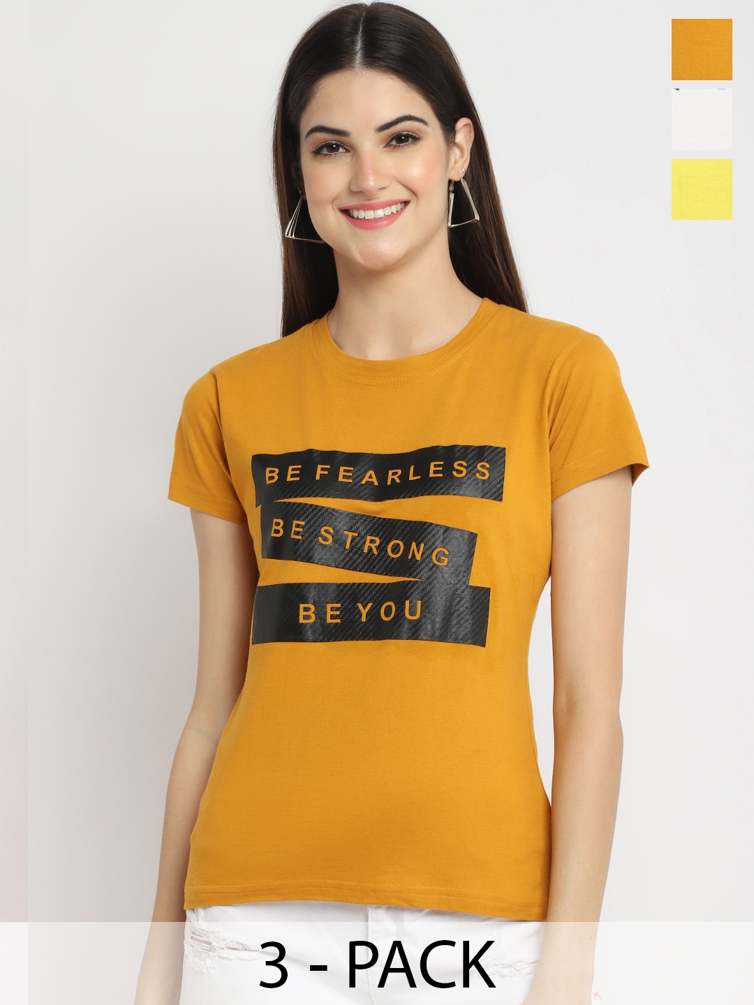 Fabflee Pack Of 3 Typography Printed Cotton T-shirt, Mustard