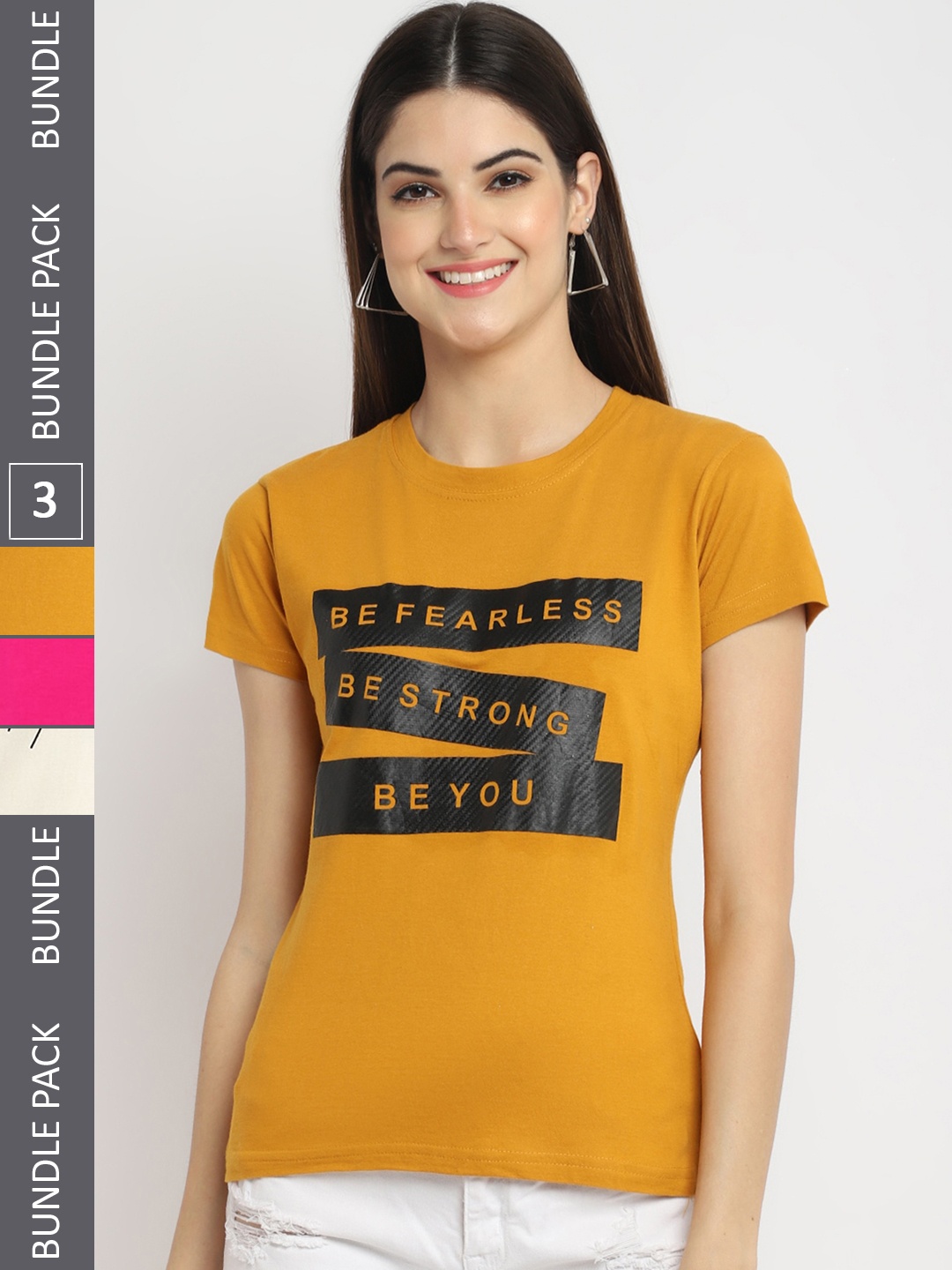 Fabflee Pack Of 3 Typography Printed Cotton T-shirts, Mustard