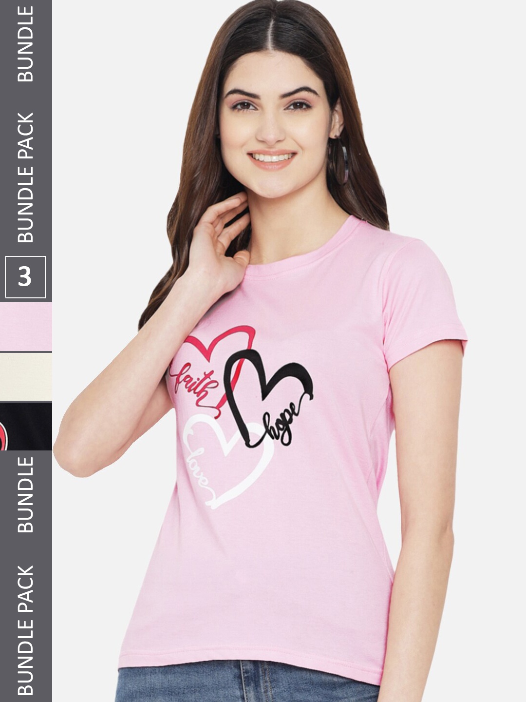 

Fabflee Pack Of 3 Printed Cotton T-shirt, Pink
