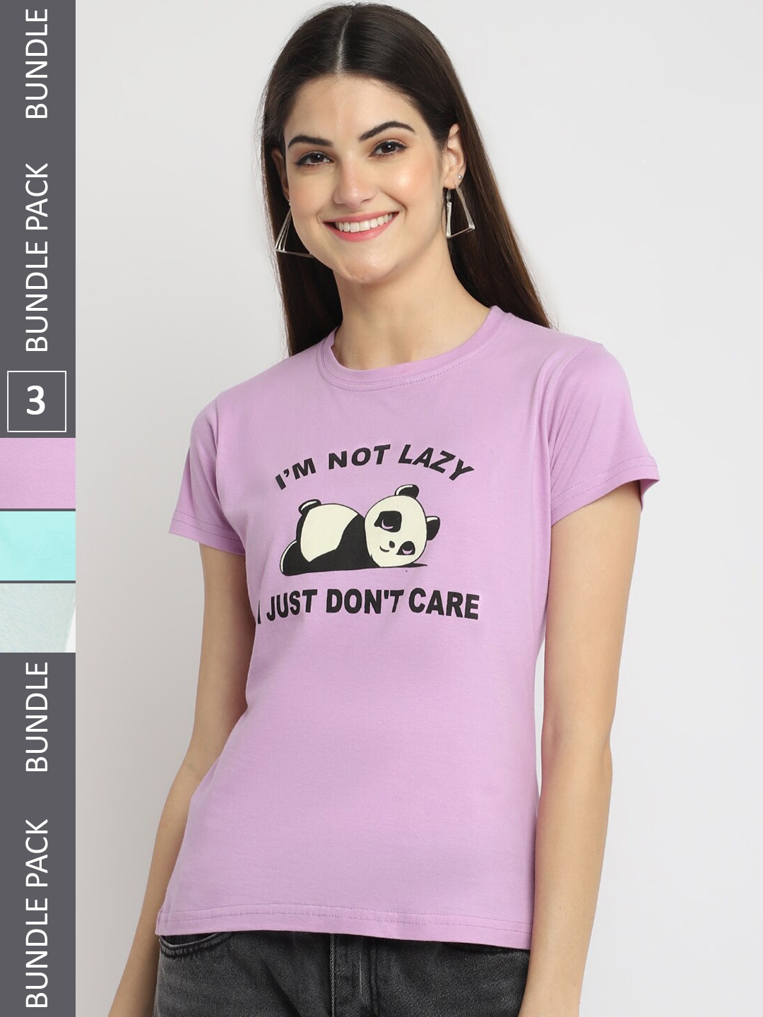 

Fabflee Pack Of 3 Typography Printed Regular Fit Cotton T-shirt, Lavender