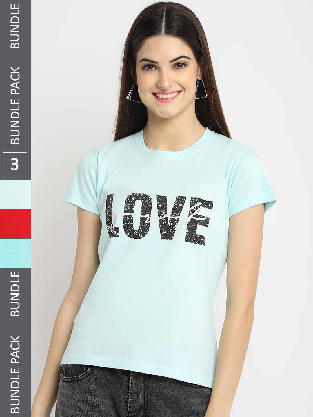 

Fabflee Pack of 3 Typography Printed Cotton T-shirt, Blue