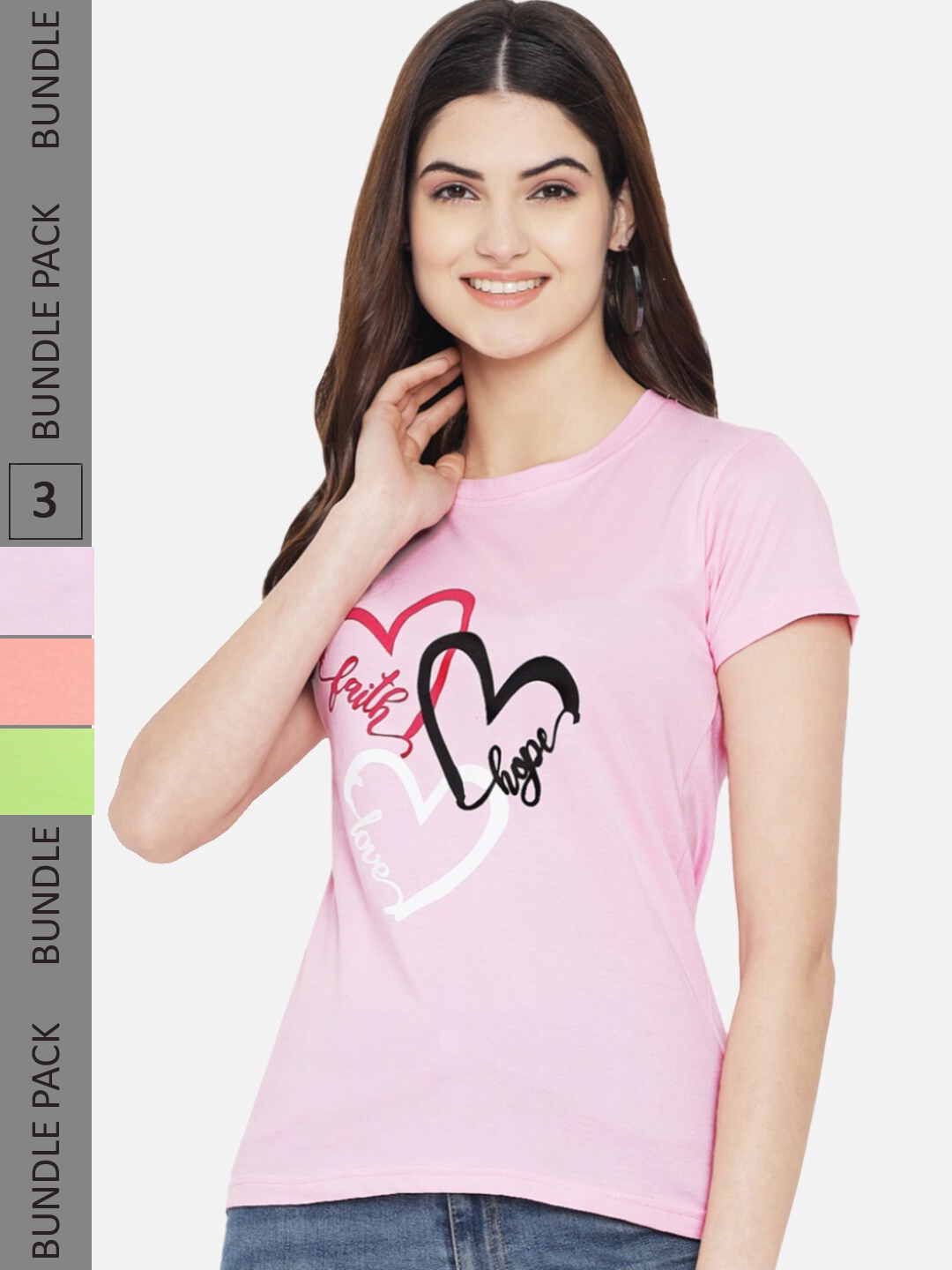 

Fabflee Pack Of 3 Printed Cotton T-shirt, Pink