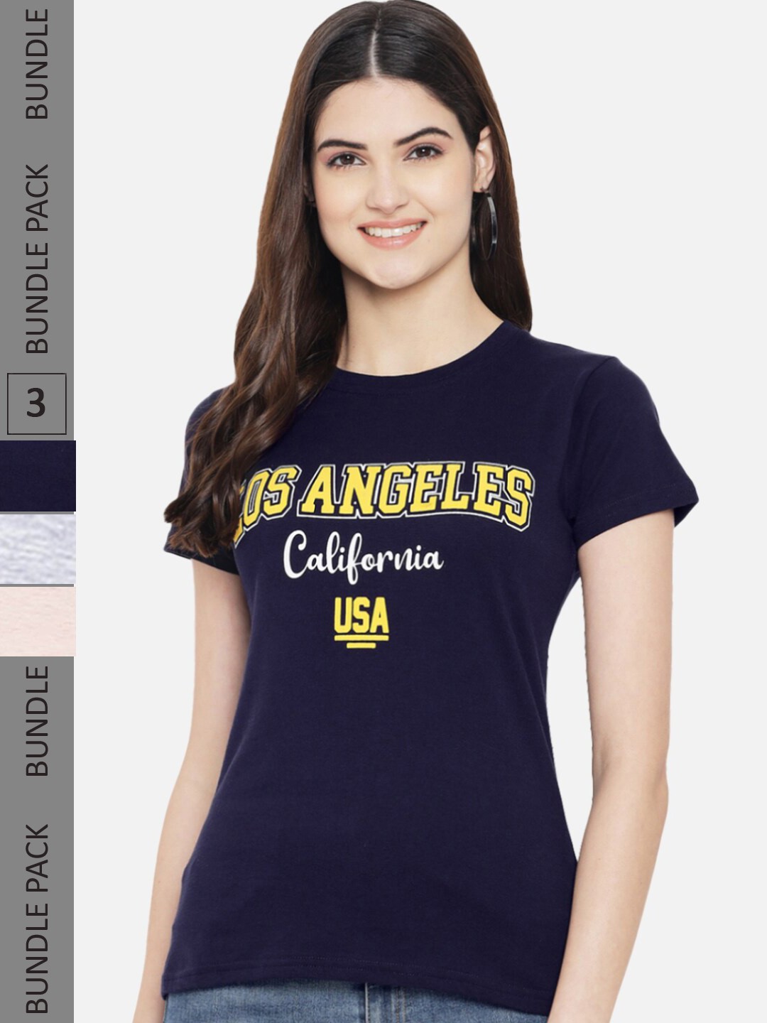 

Fabflee Regular Fit Pack Of 3 Printed Round Neck Cotton T-shirt, Navy blue