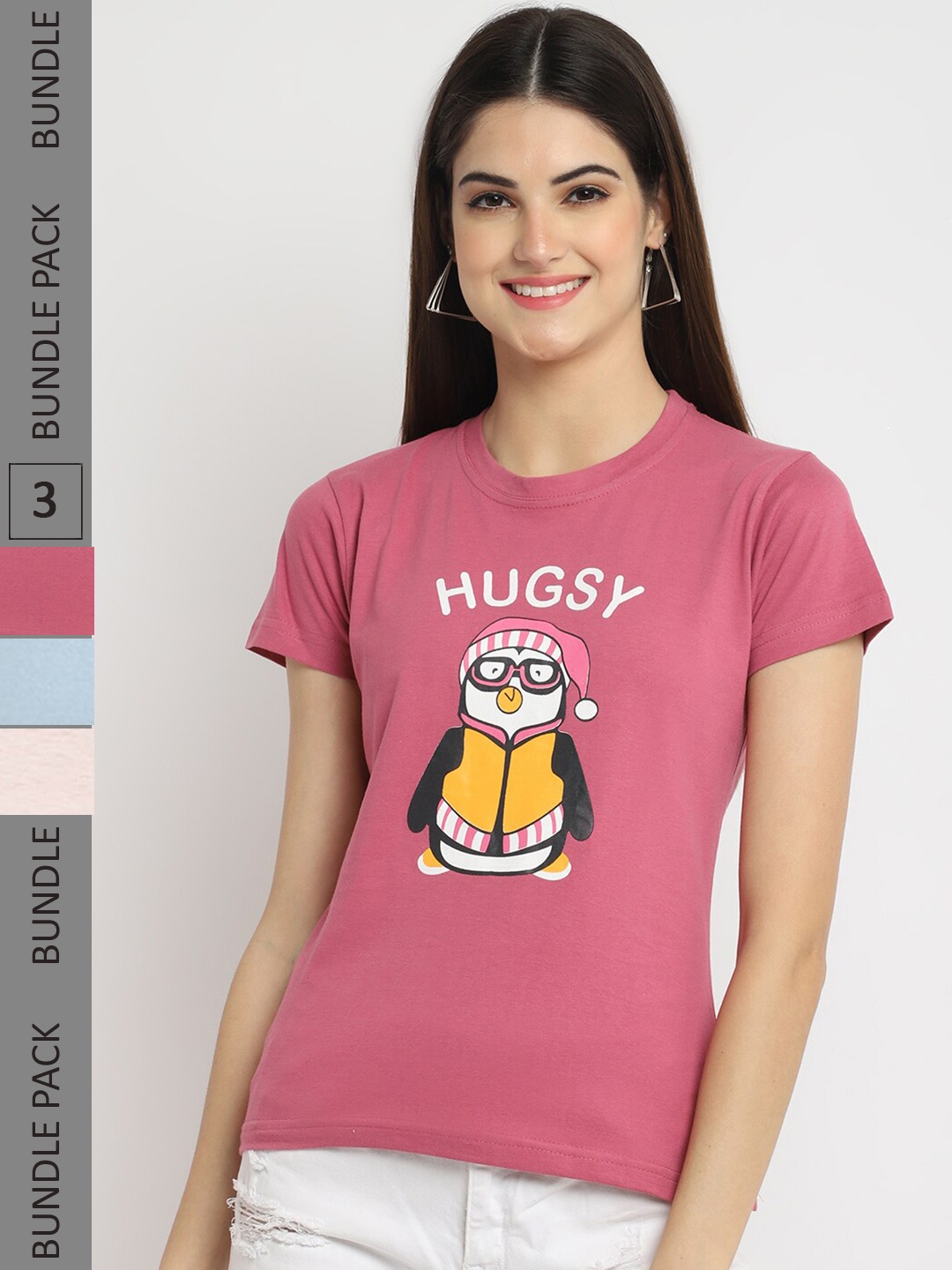 

Fabflee Pack Of 3 Typography Printed Cotton T-shirt, Pink