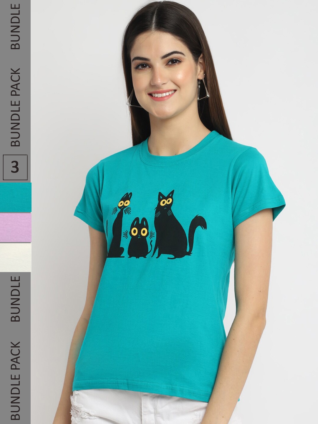 

Fabflee Pack Of 3 Printed Cotton T-shirts, Turquoise blue