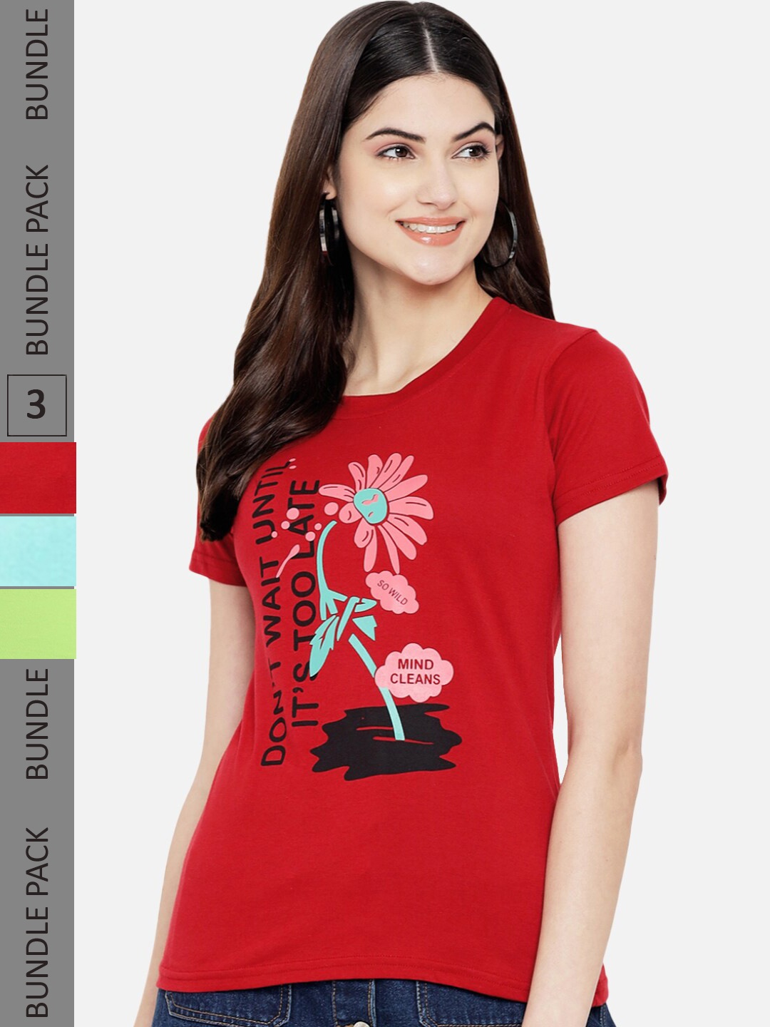 

Fabflee Pack Of 3 Typography Printed Cotton T-shirt, Red