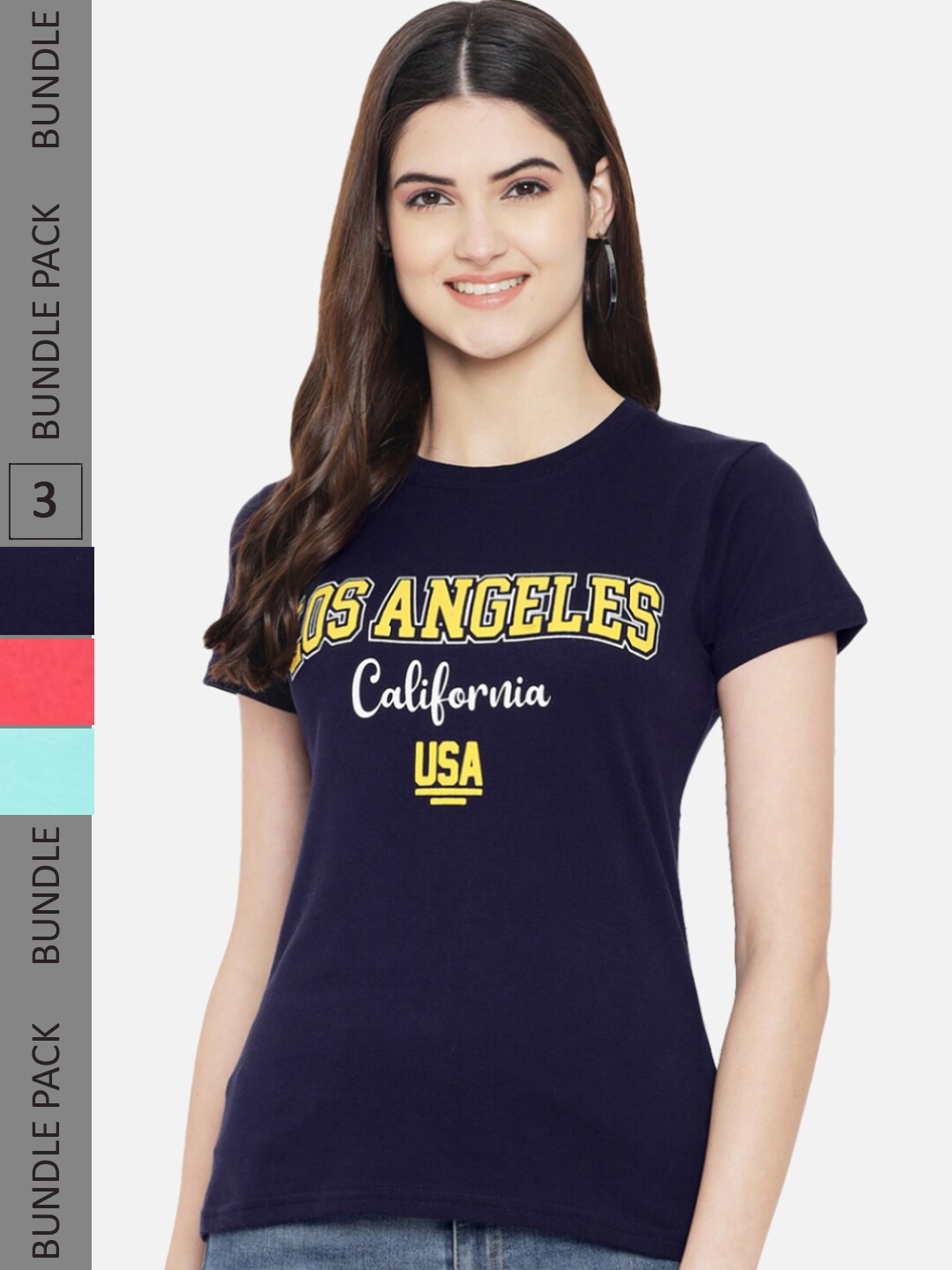 

Fabflee Pack Of 3 Typography Printed Cotton T-shirts, Navy blue