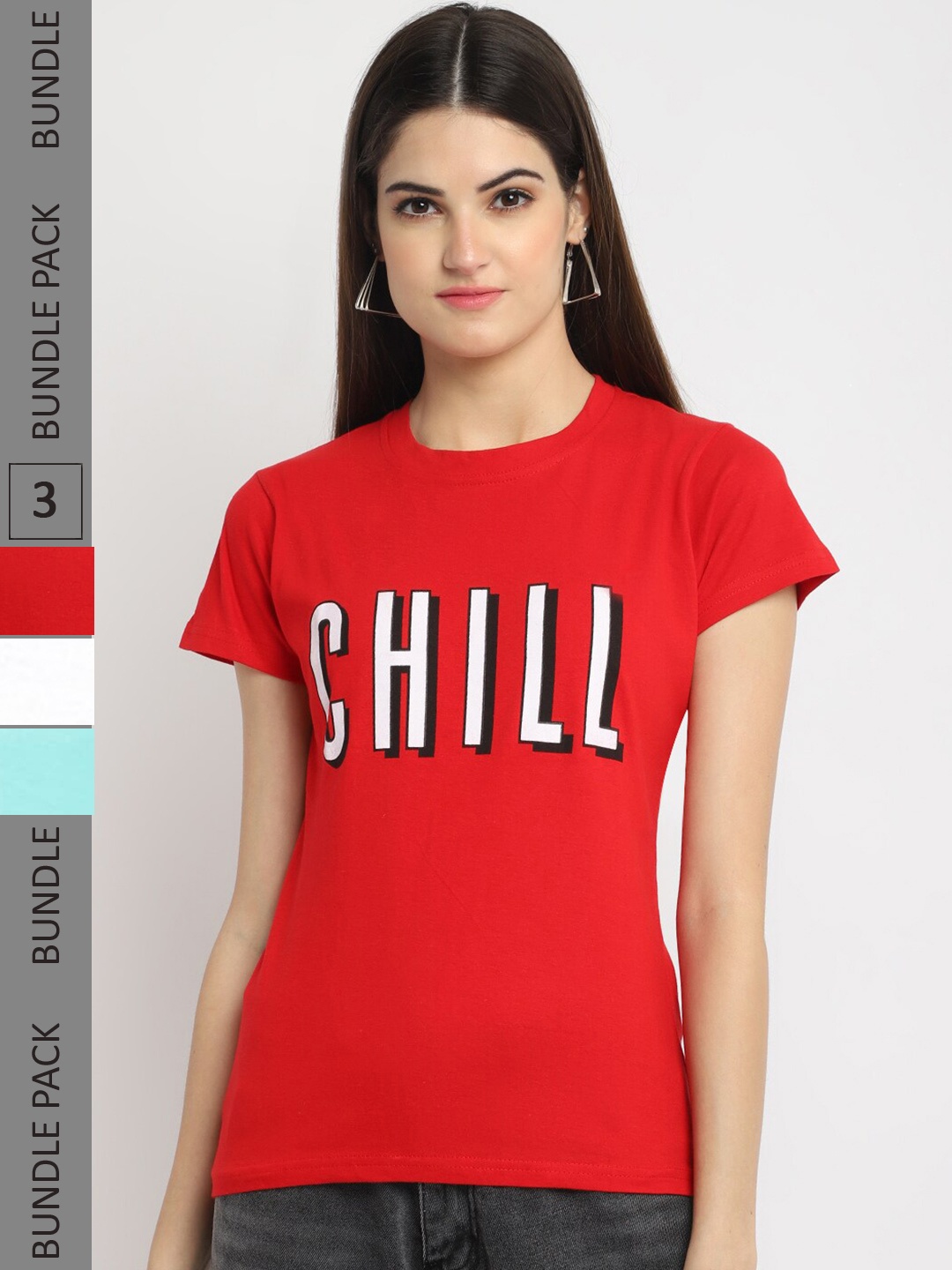 

Fabflee Pack Of 3 Typography Printed Cotton T-Shirt, Red