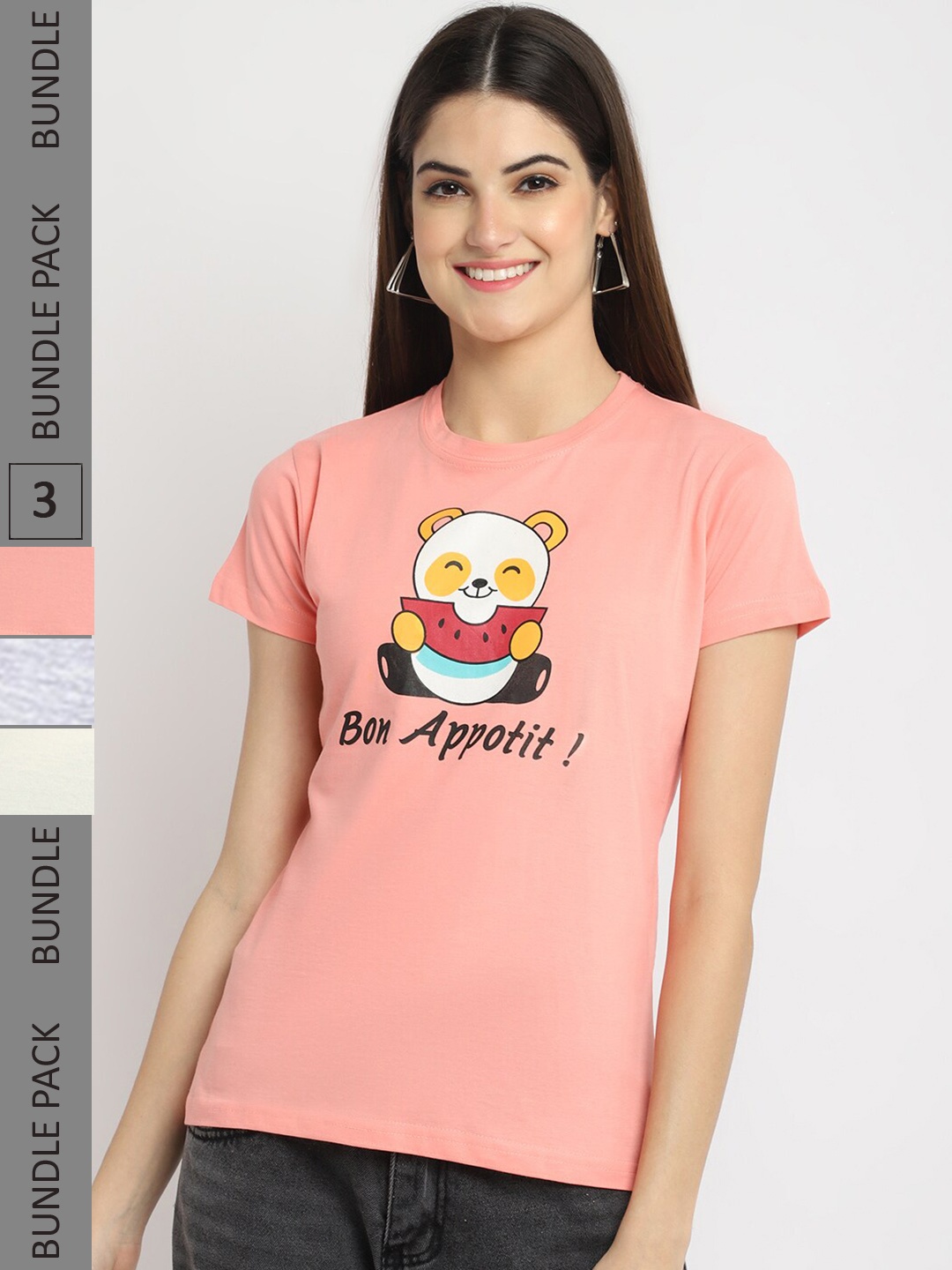 

Fabflee Pack Of 3 Typography Printed Round Neck Casual Knitted Cotton T-shirts, Pink