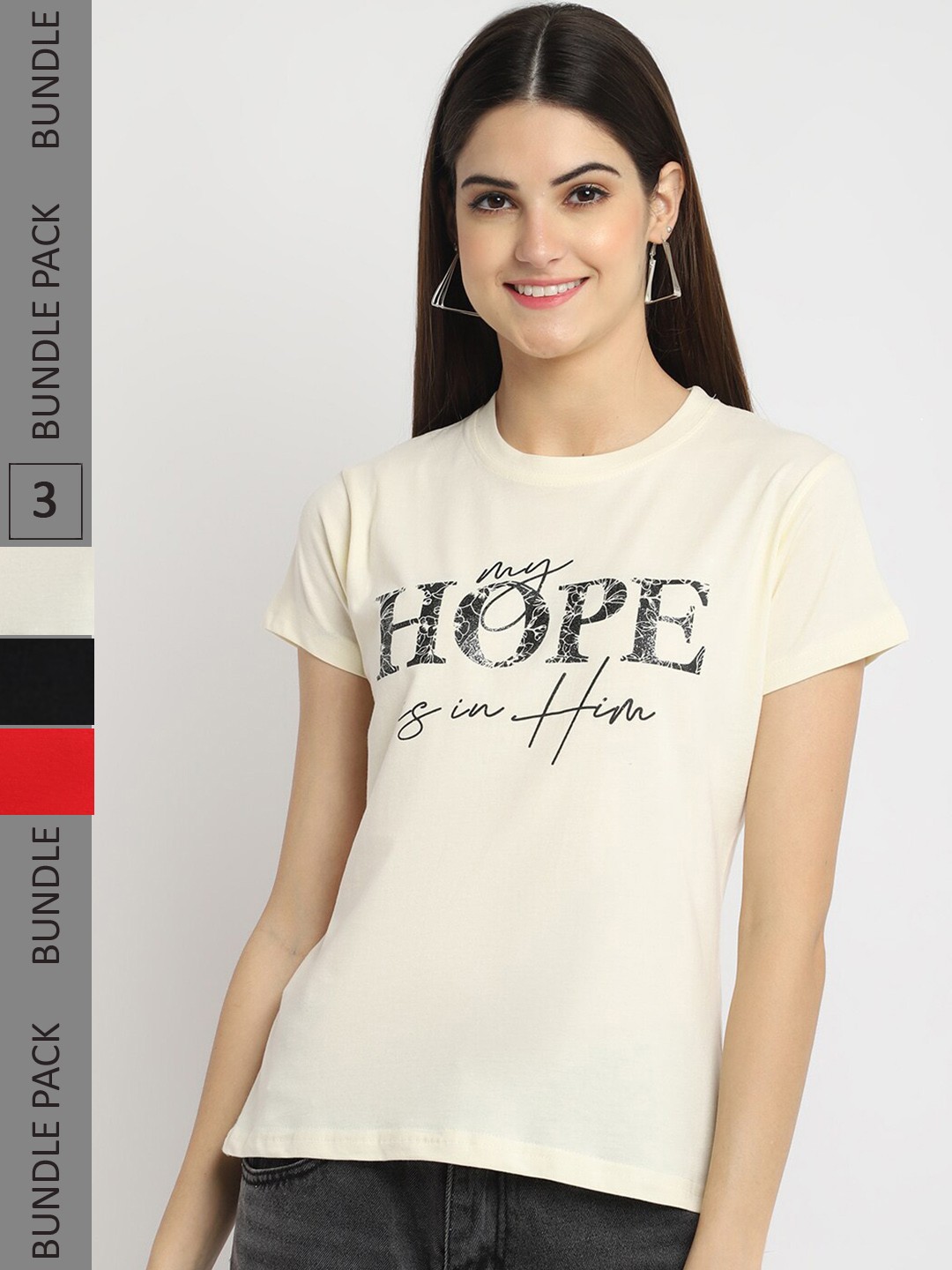 

Fabflee Pack of 3 Typography Printed Cotton T-shirts, Beige