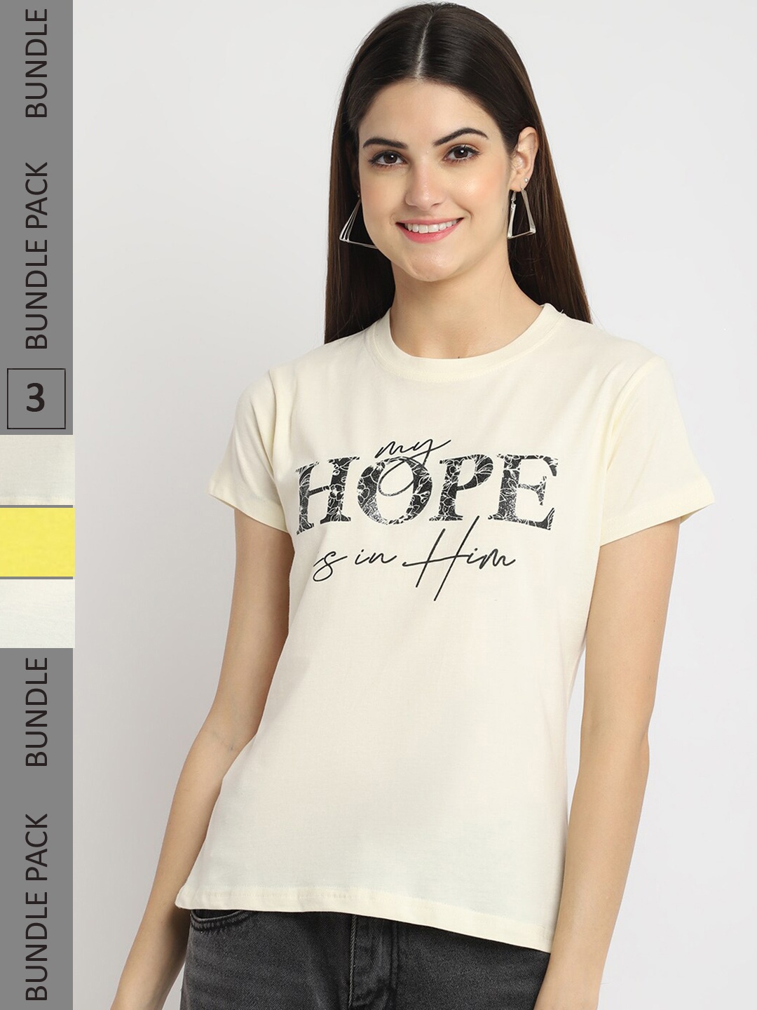 Fabflee Pack Of 3 Printed Cotton T-shirt, Cream