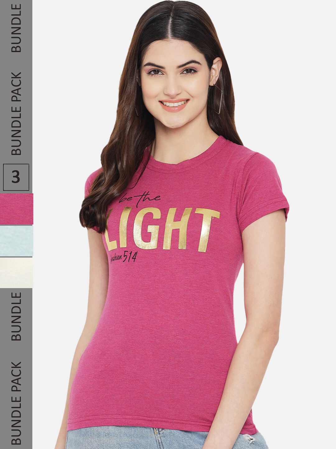Fabflee Pack of 3 Typography Printed Cotton T-shirts, Pink