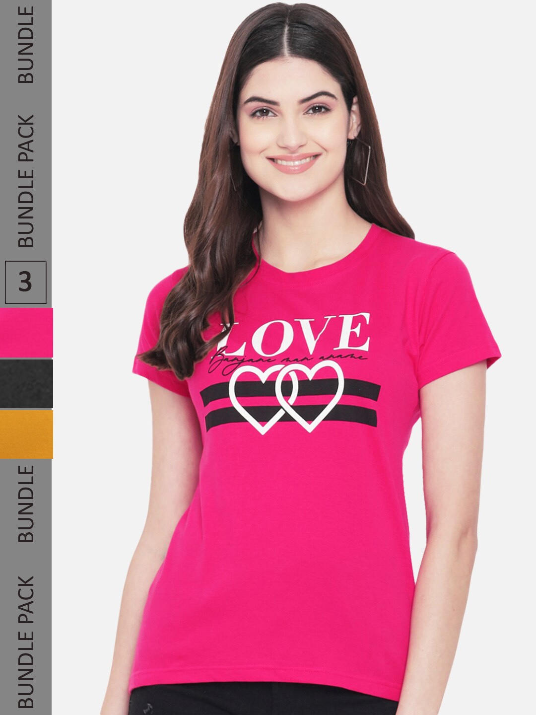 

Fabflee Pack Of 3 Typography Printed Cotton Casual T-shirt, Pink