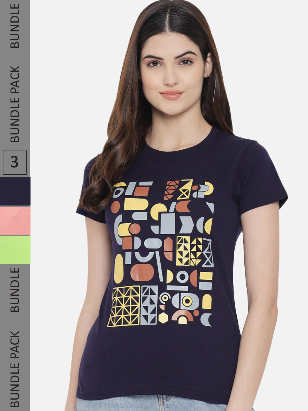 

Fabflee Women Multicoloured Typography 3 Printed Applique T-shirt, Multi