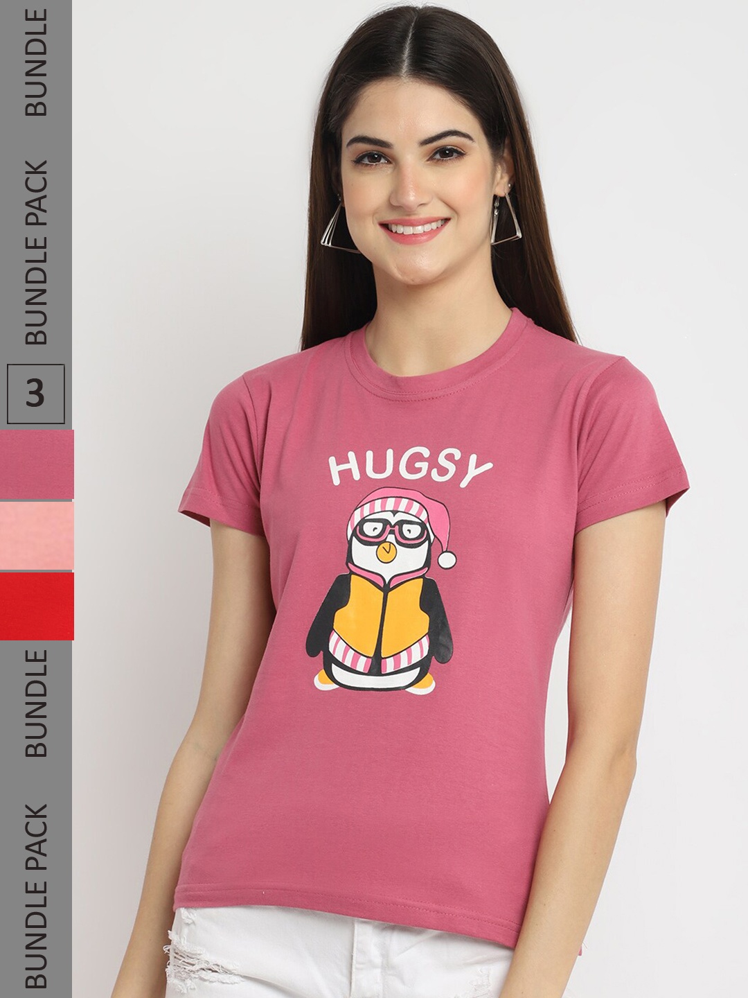 

Fabflee Pack Of 3 Graphic Printed Cotton T-Shirt, Pink