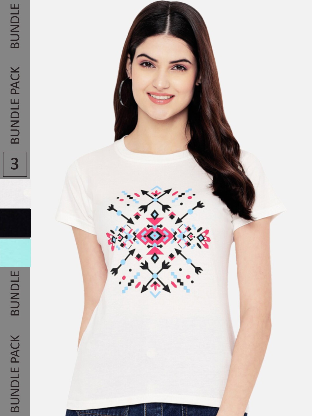 

Fabflee Women Multicoloured Typography 3 Printed Applique T-shirt, Multi