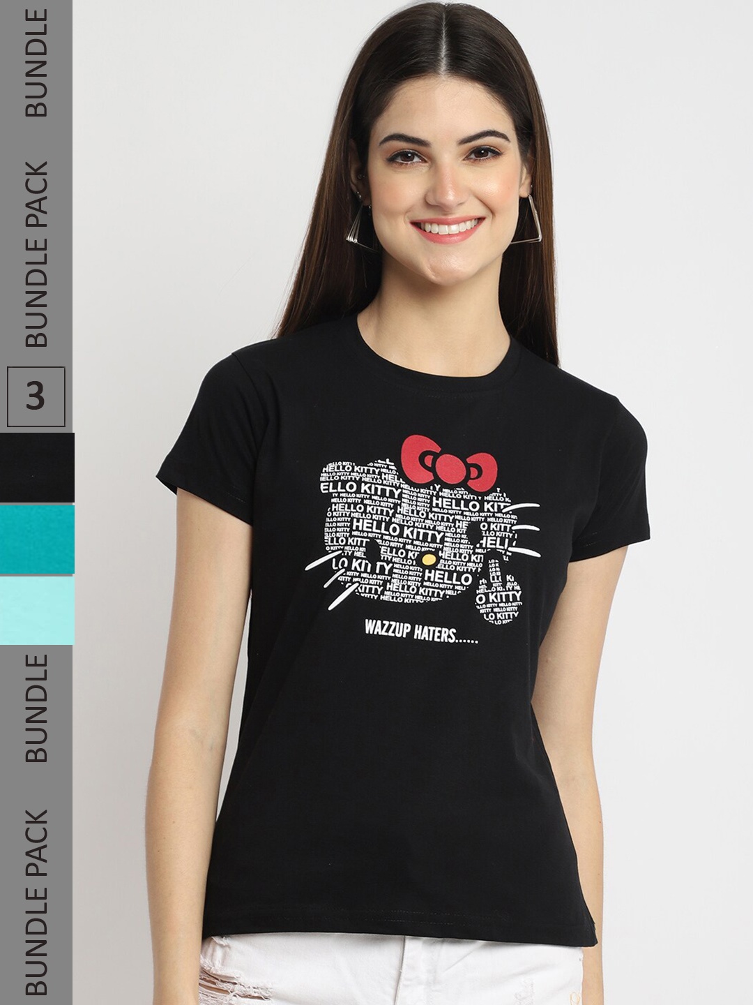 Fabflee Pack Of 3 Printed Cotton T-shirt, Black