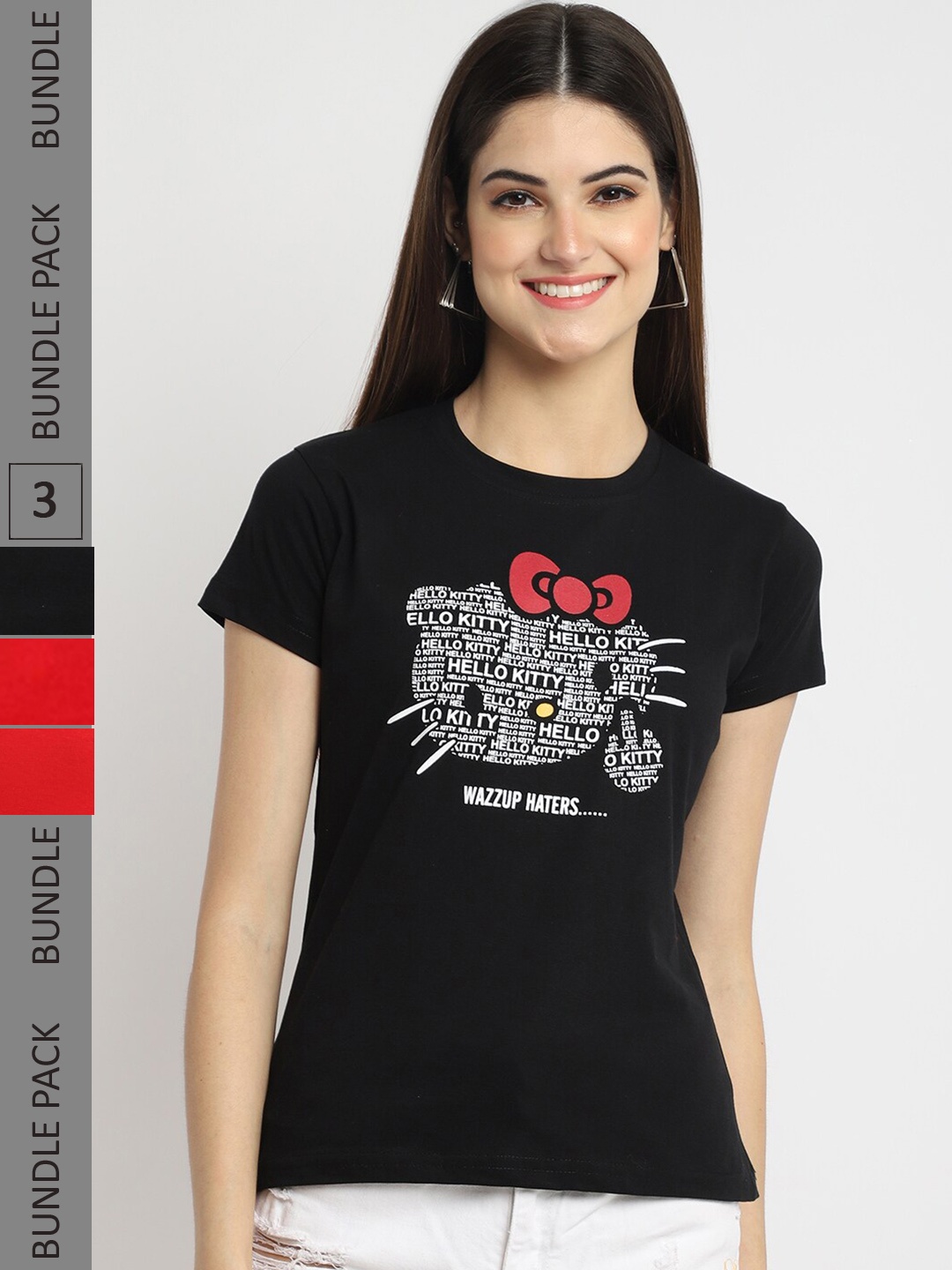 

Fabflee Pack Of 3 Typography Printed Cotton T-shirts, Black