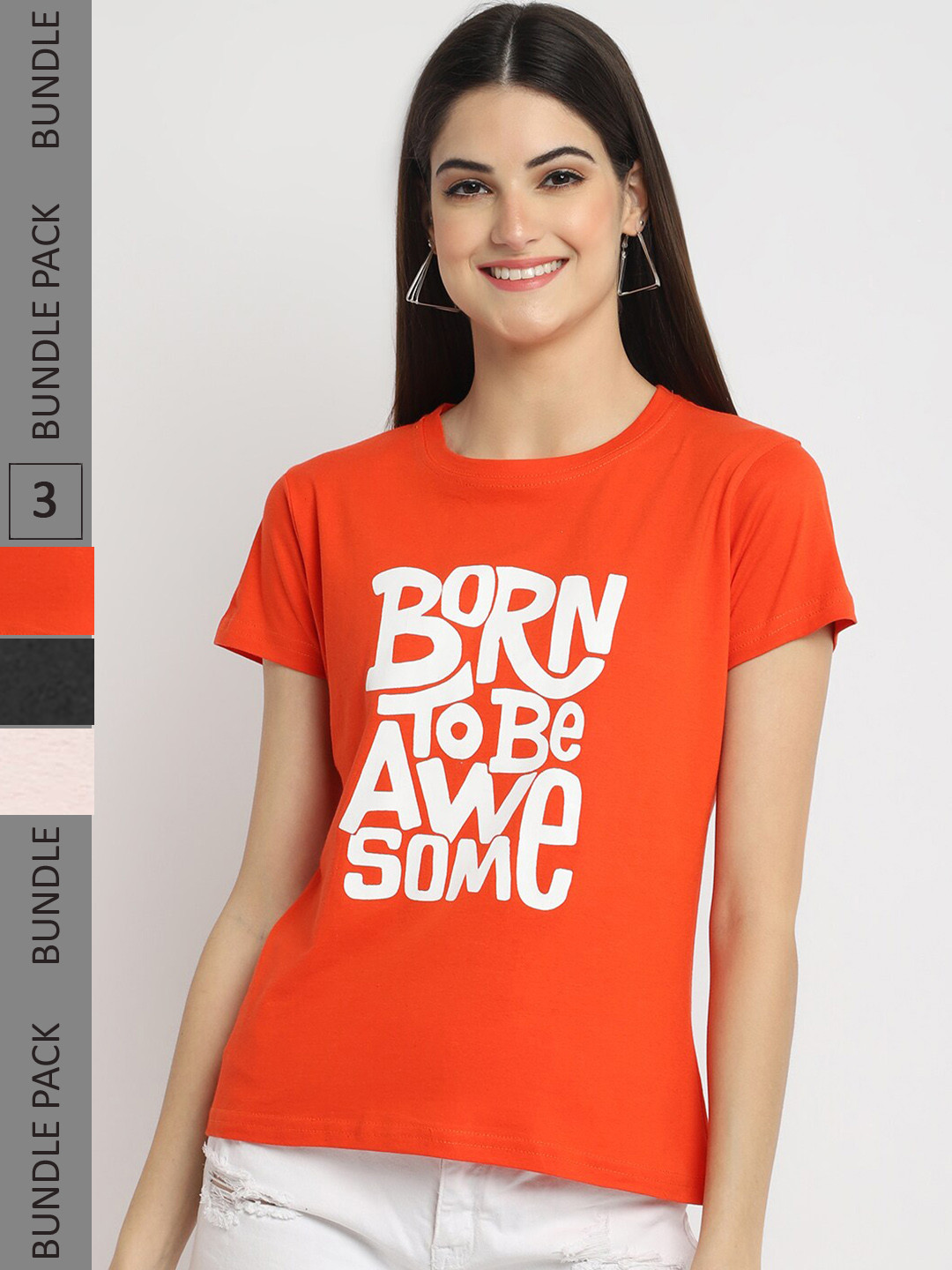 

Fabflee Pack Of 3 Printed Cotton T-shirt, Orange
