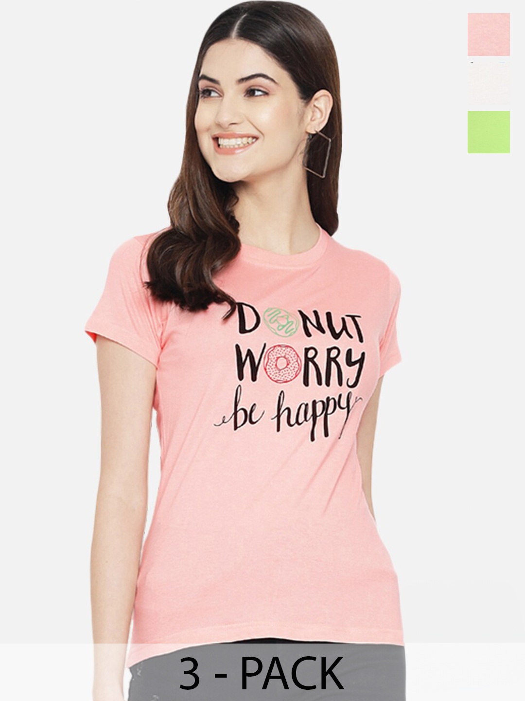 Fabflee Pack Of 3 Typography Printed Cotton T-shirt, Peach
