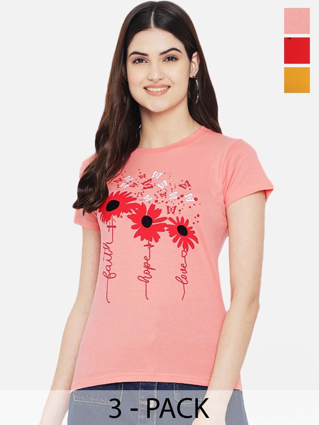 

Fabflee Pack Of 3 Typography Printed Casual Knitted Cotton T-shirts, Pink