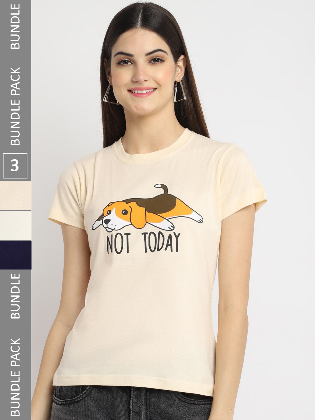

Fabflee Pack Of 3 Printed Cotton T-shirt, Cream