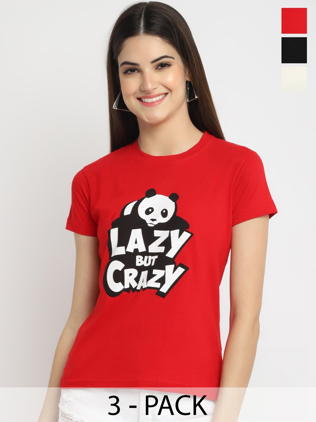 

Fabflee Pack Of 3 Typography Printed Casual Knitted Cotton T-shirts, Red