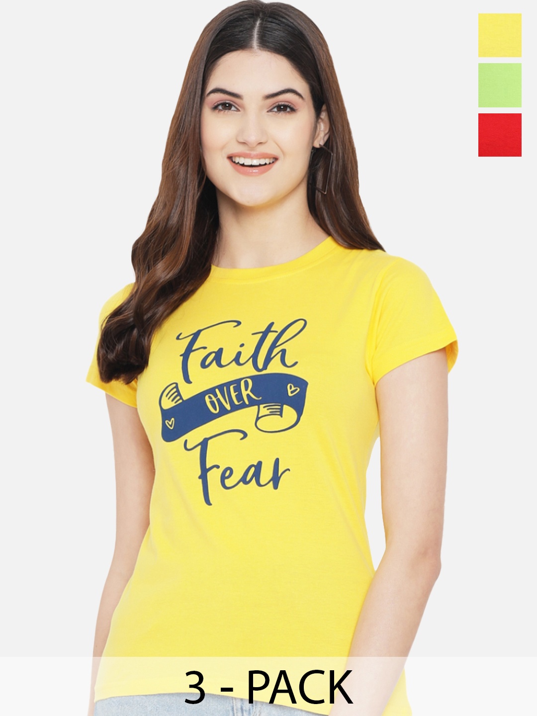 Fabflee Pack of 3 Typography Printed Cotton T-shirts, Yellow