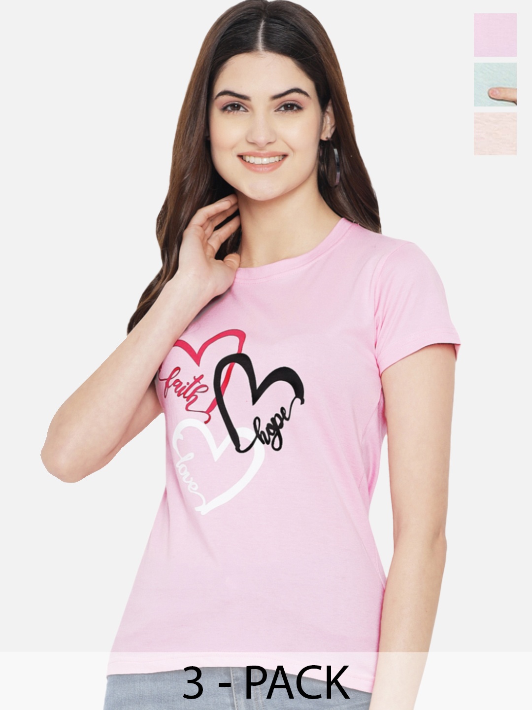 

Fabflee Pack Of 3 Typography Printed Cotton T-shirt, Pink