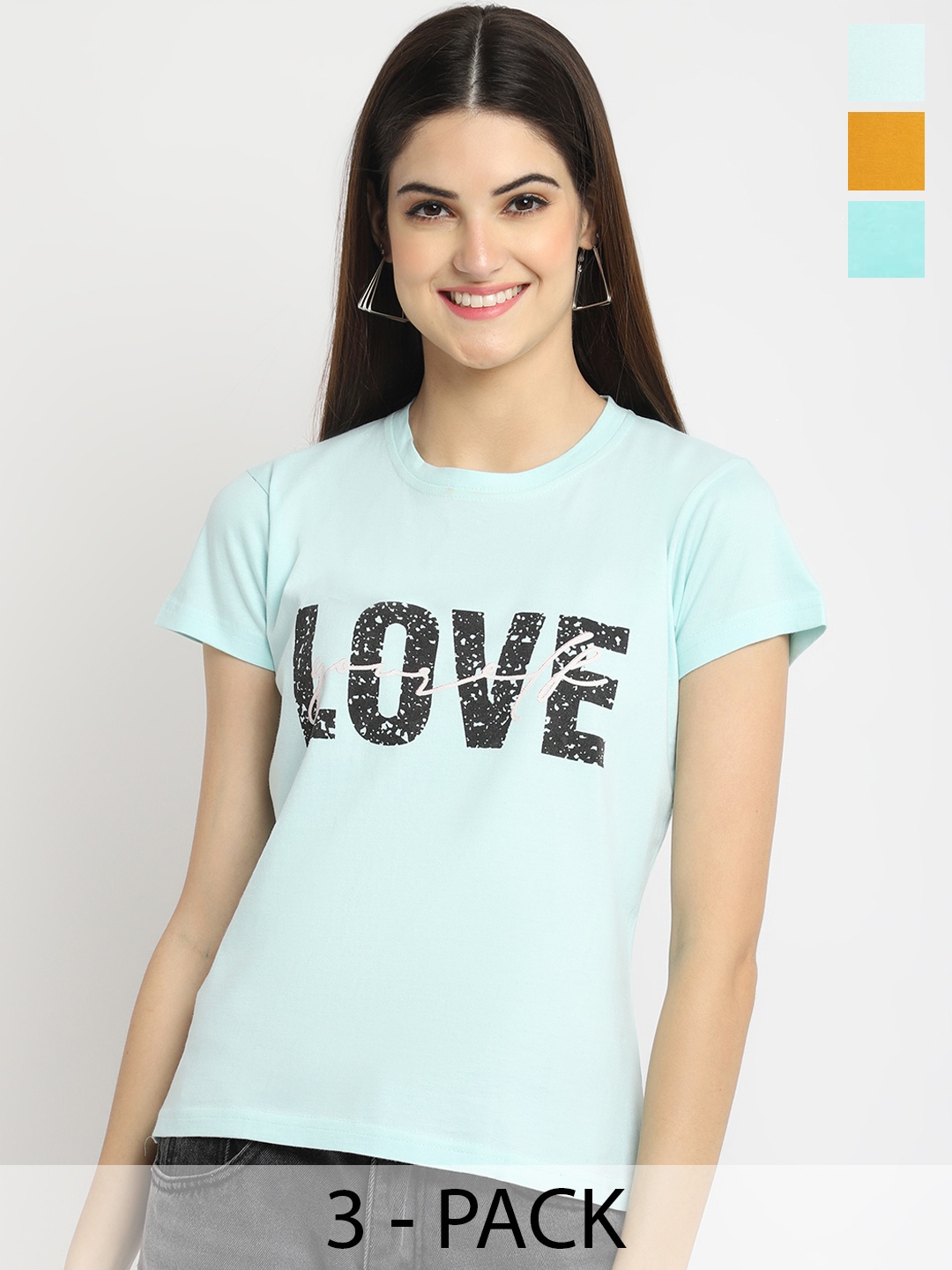 

Fabflee Pack Of 3 Typography Printed Cotton T-shirt, Blue