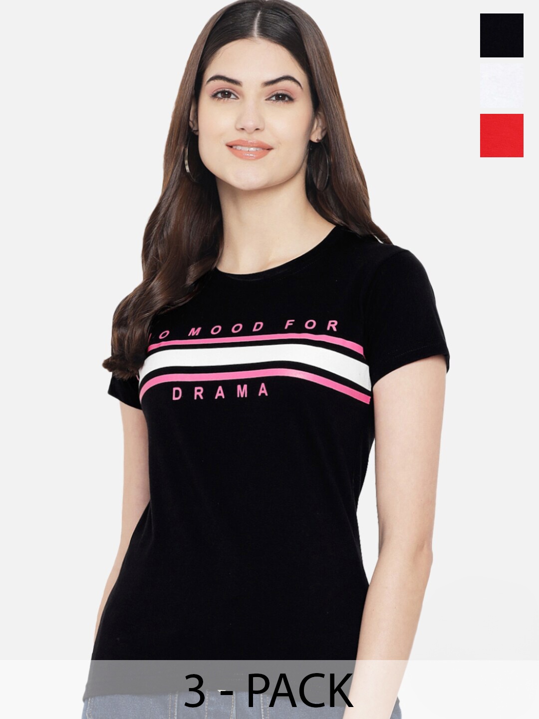 

Fabflee Pack of 3 Typography Printed Cotton T-shirt, Black