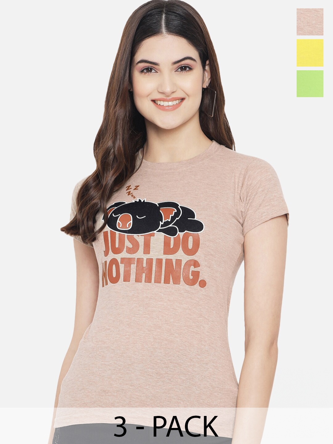 

Fabflee Pack of 3 Typography Printed Cotton T-shirt, Brown