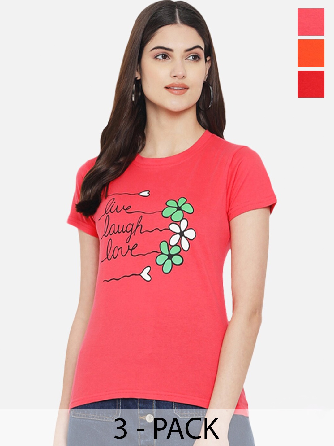 

Fabflee Pack of 3 Typography Printed Cotton T-shirt, Pink