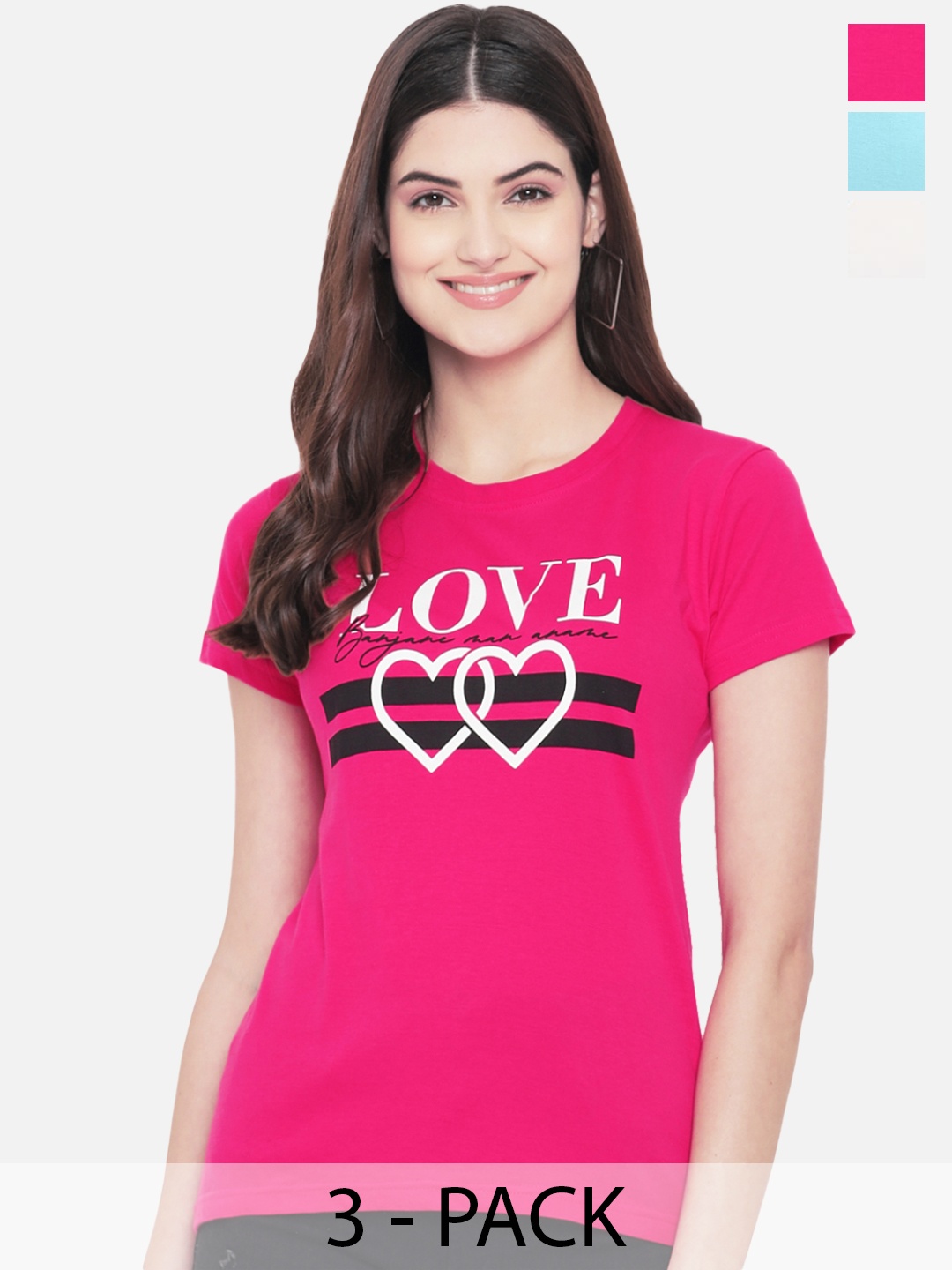 Fabflee Pack of 3 Typography Printed Cotton T-shirt, Pink