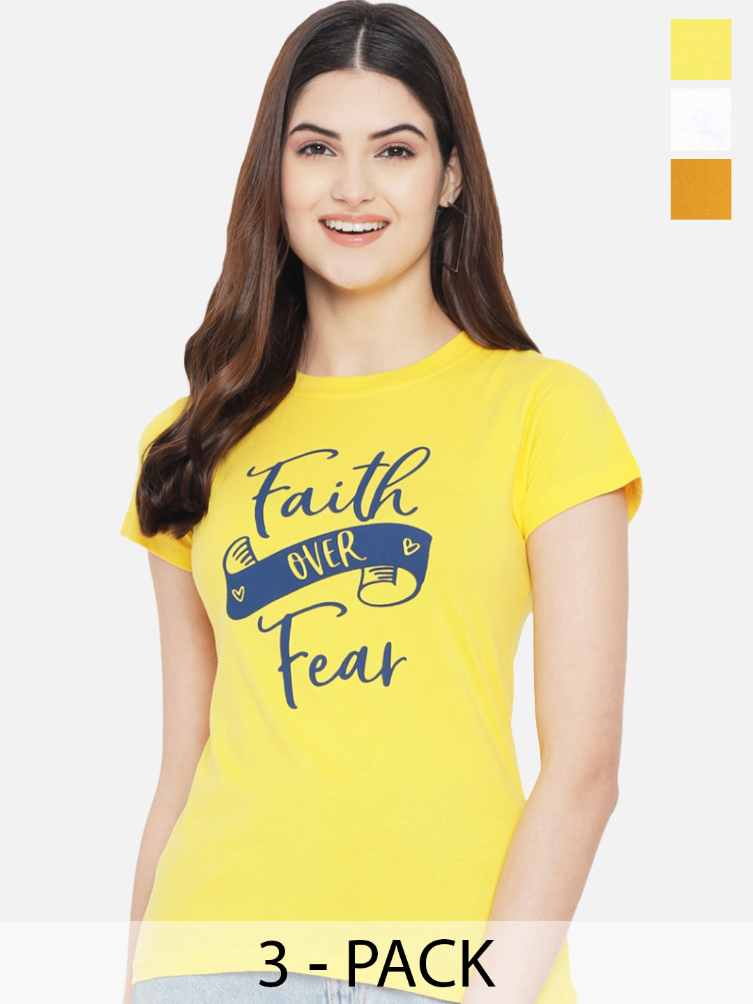 

Fabflee Pack of 3 Typography Printed Cotton T-shirt, Yellow