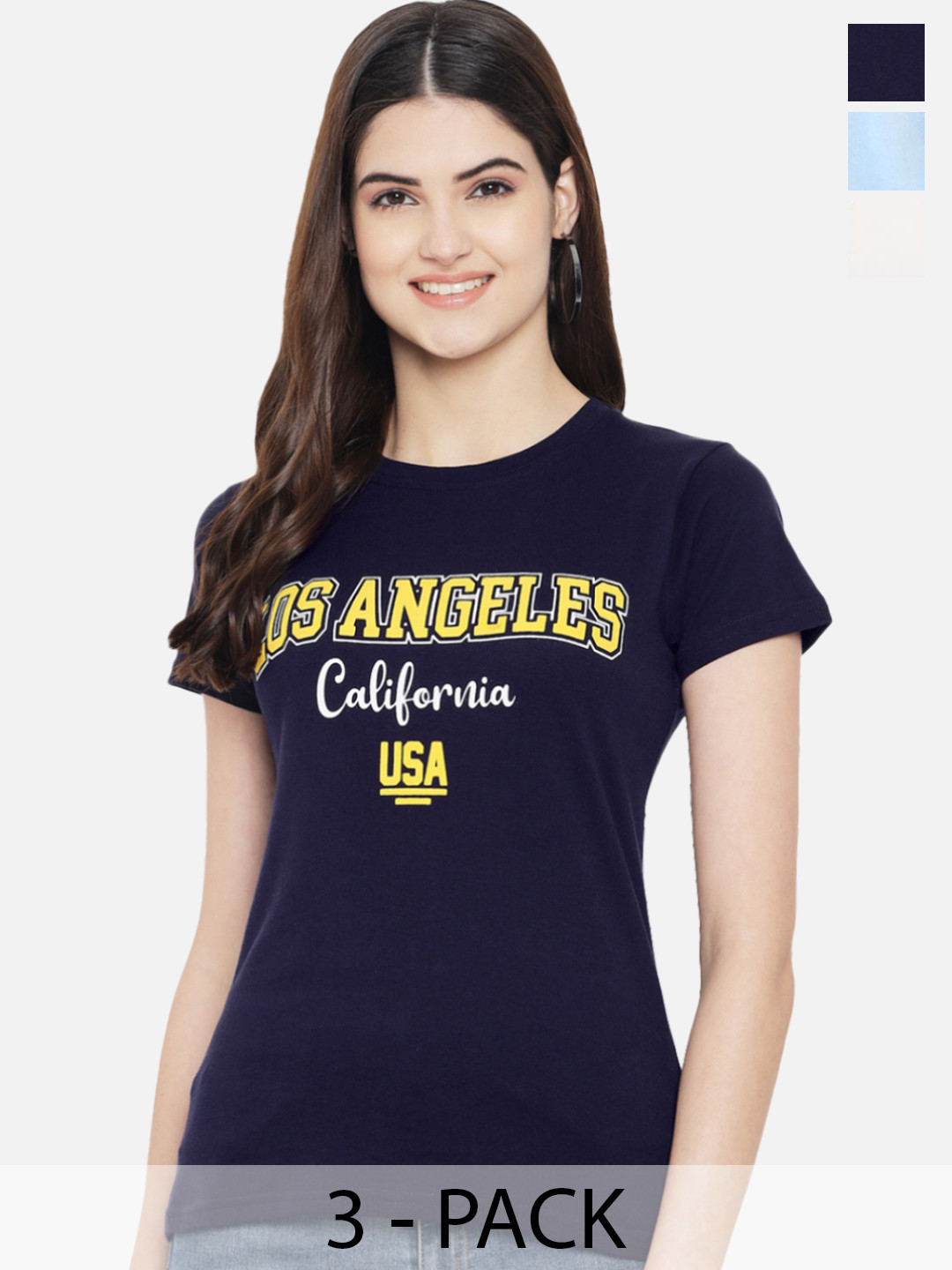 

Fabflee Pack of 3 Typography Printed Cotton T-shirt, Navy blue