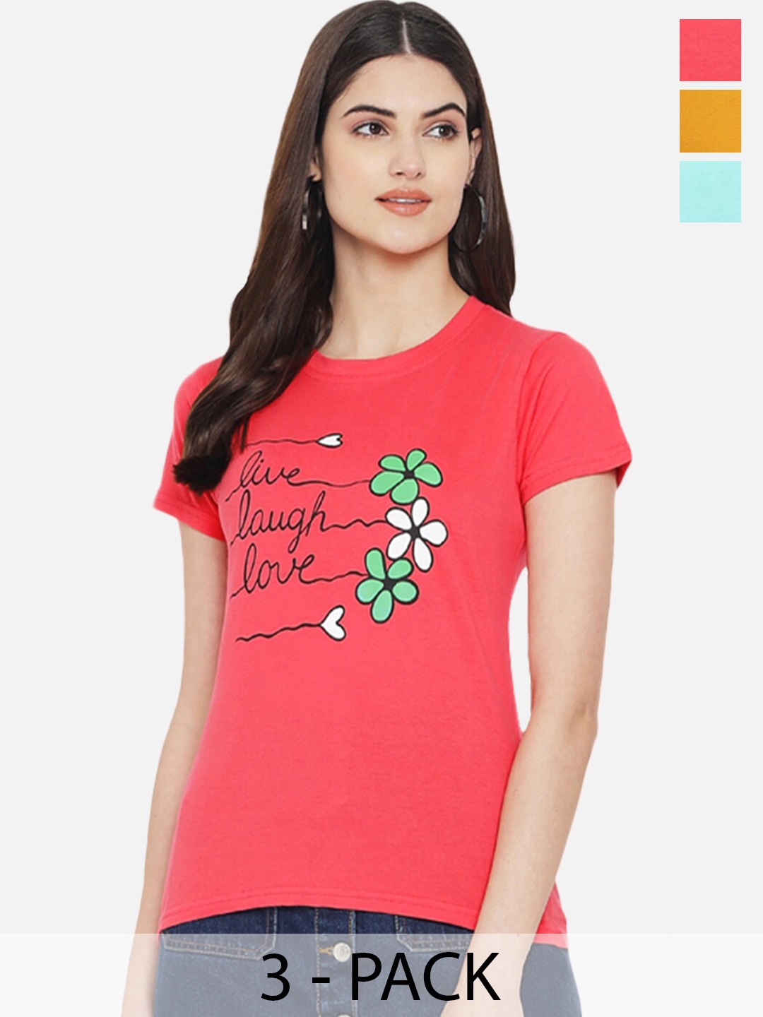 

Fabflee Pack of 3 Typography Printed Cotton T-shirt, Pink