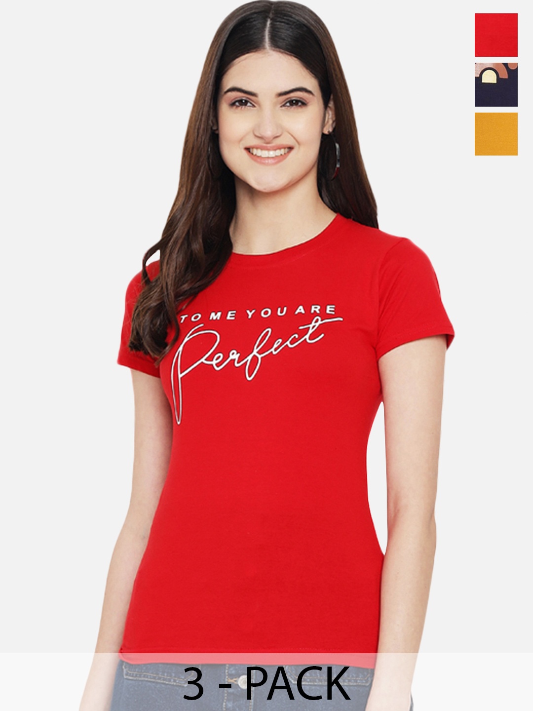 Fabflee Pack Of 3 Typography Printed Cotton T-shirt, Red