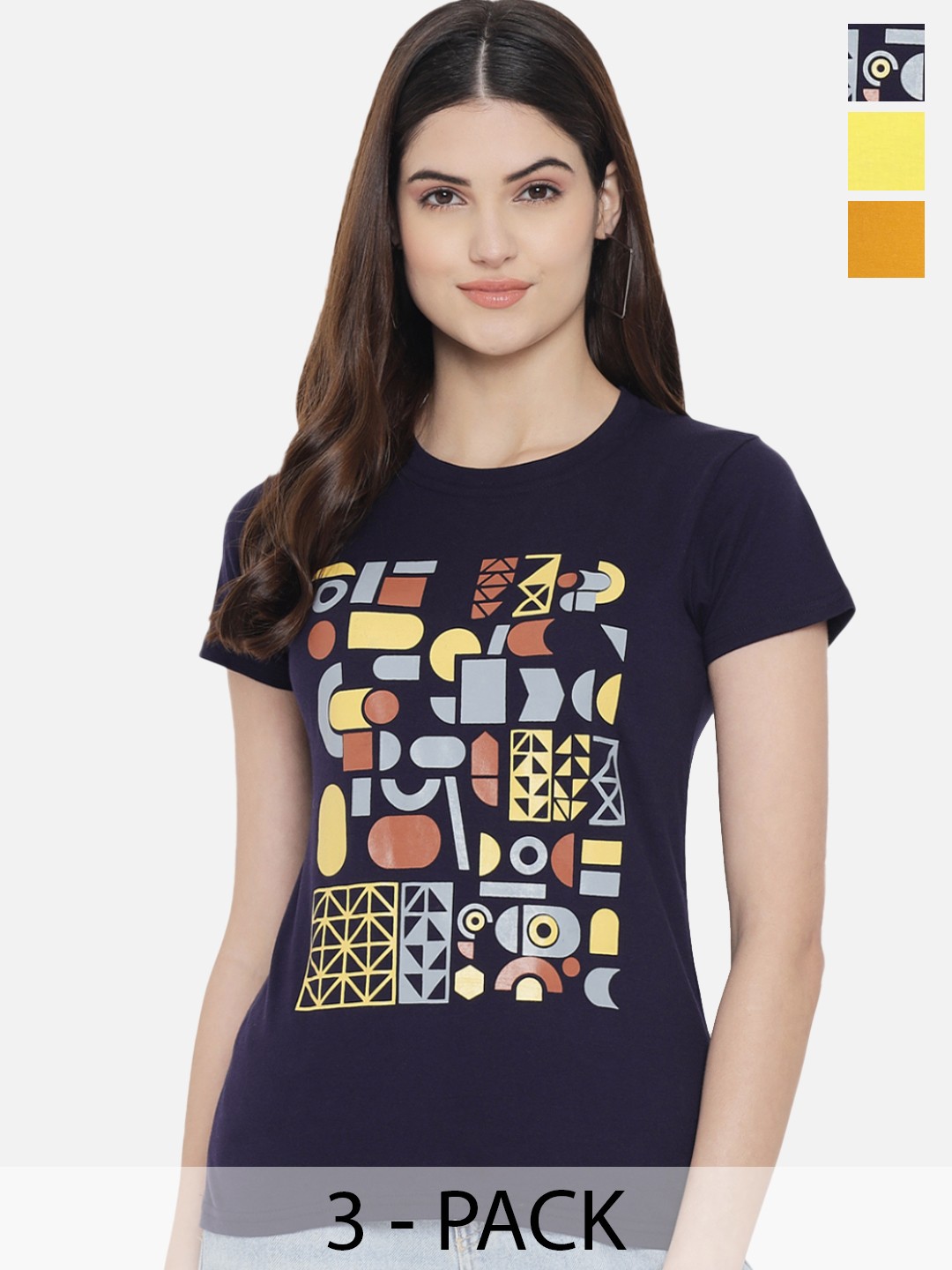 

Fabflee Pack Of 3 Graphic Printed Cotton T-shirt, Navy blue