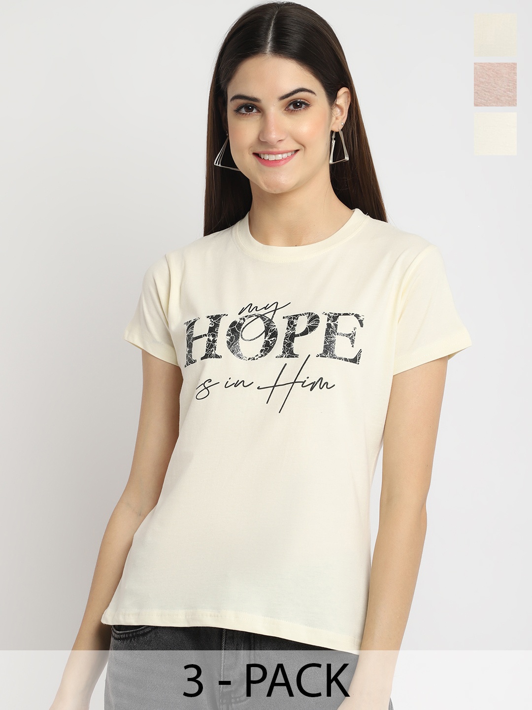 

Fabflee Pack Of 3 Typography Printed Cotton T-shirt, Off white