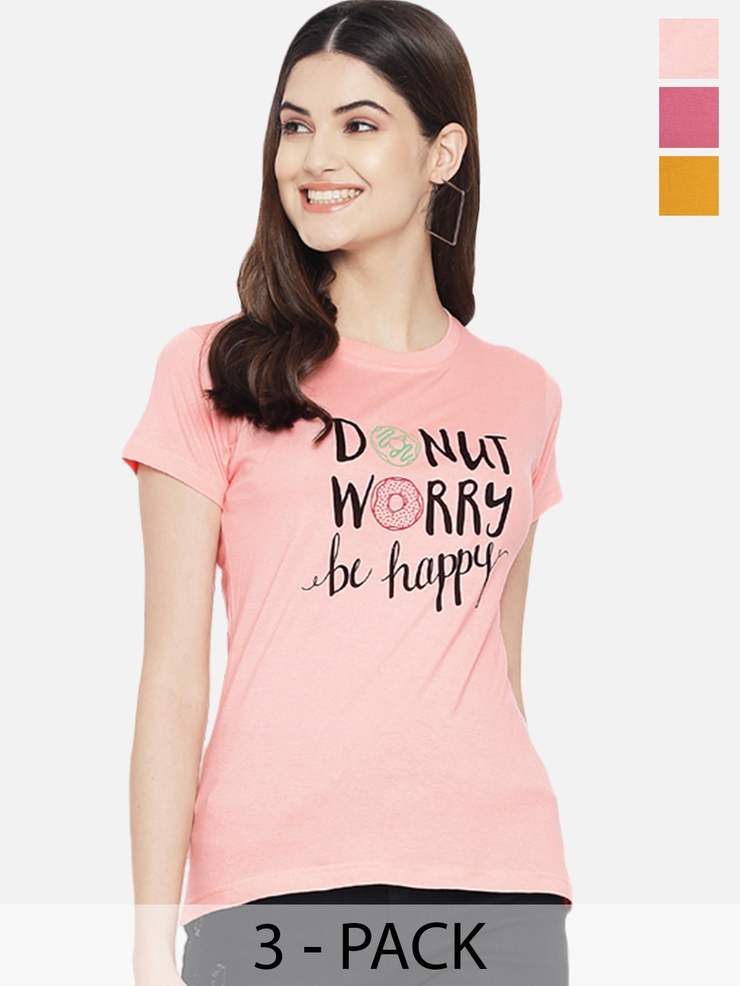 Fabflee Pack Of 3 Typography Printed Cotton T-shirt, Peach