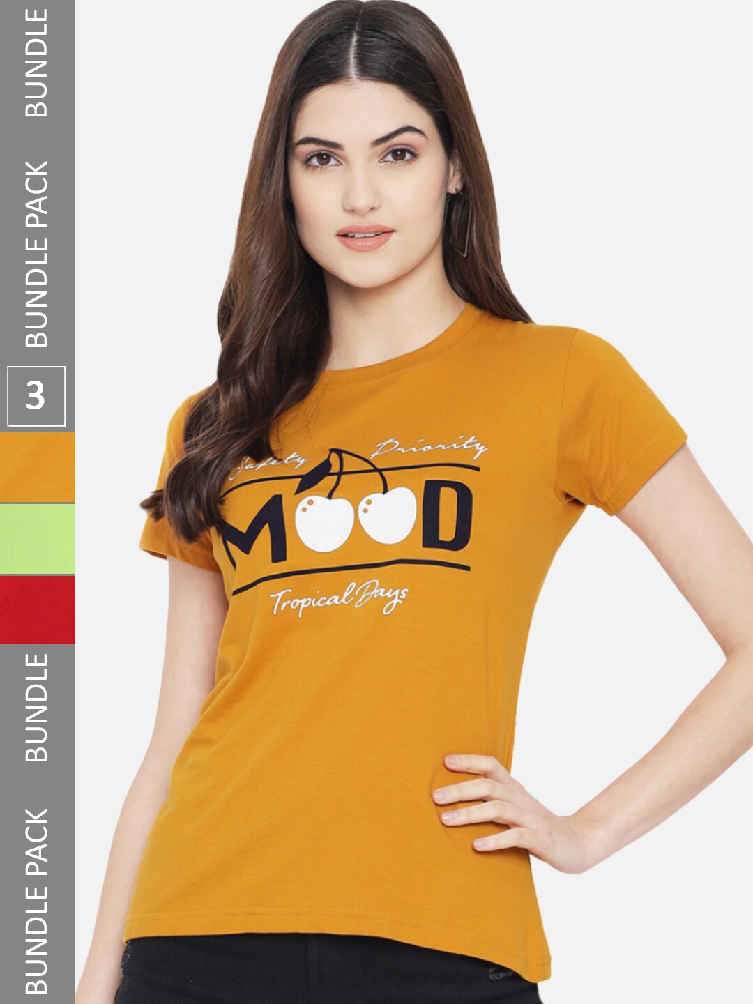 

Fabflee Pack of 3 Typography Printed Cotton T-shirt, Mustard