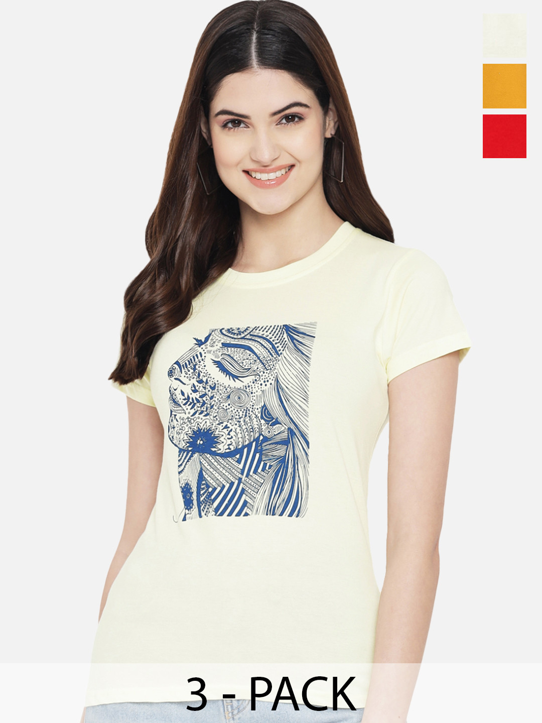 

Fabflee Pack of 3 Printed Cotton T-shirt, Yellow