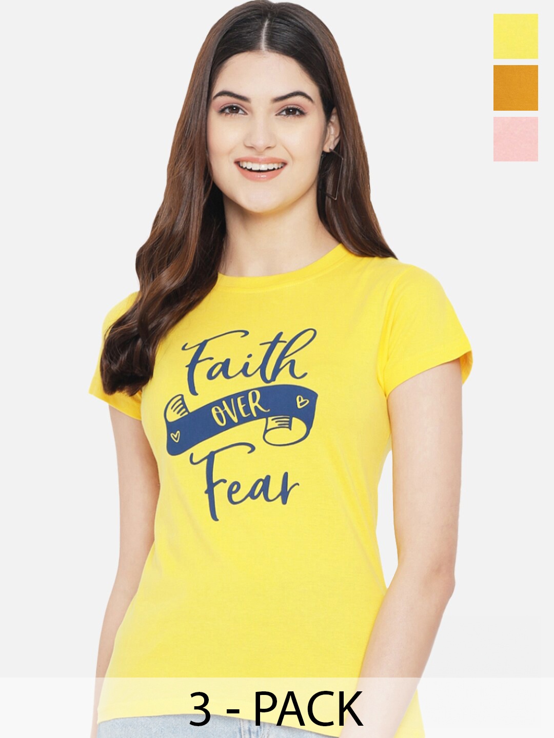 

Fabflee Pack Of 3 Typography Printed Cotton T-shirt, Yellow