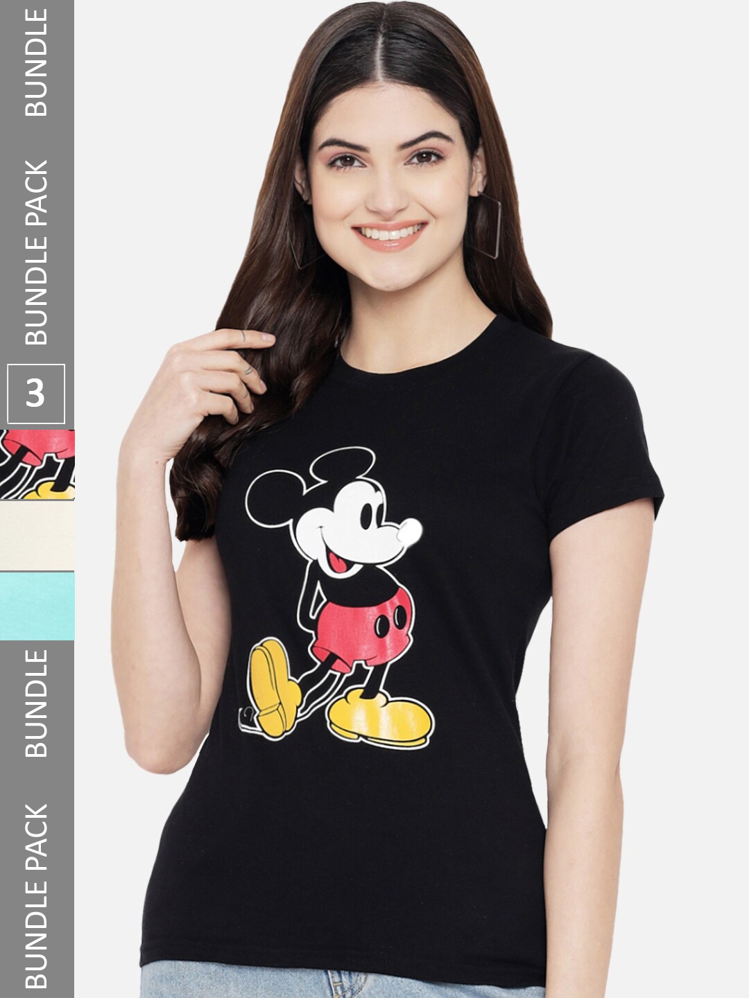 

Fabflee Pack Of 3 Mickey Mouse Graphic Printed Cotton Casual T-shirt, Black
