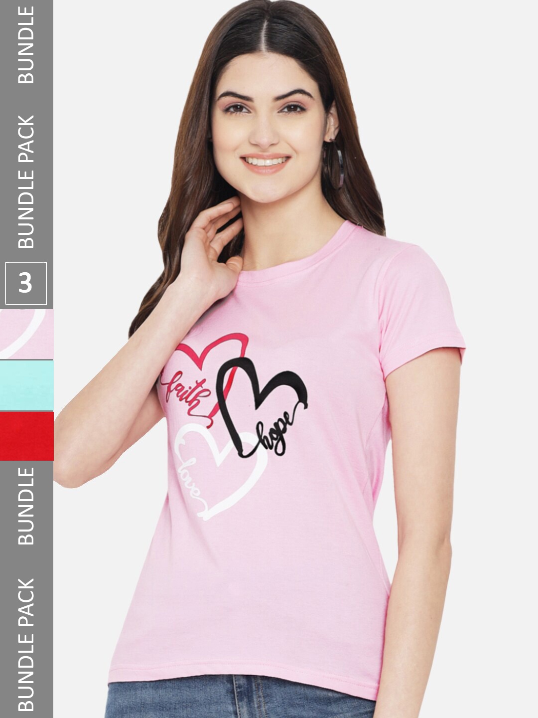 

Fabflee Pack of 3 Typography Printed Cotton T-shirts, Pink